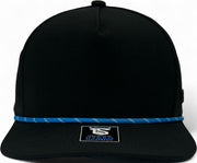 5 Panel Black Rope Hat with Sapphire Blue/White Rope Snapback