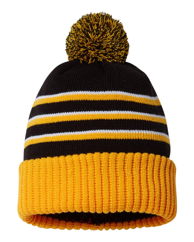 Richardson 134 - Striped Knit Beanie with Cuff & Pom - 134