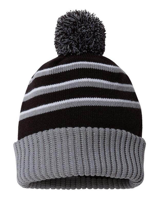 Richardson 134 - Striped Knit Beanie with Cuff & Pom - 134