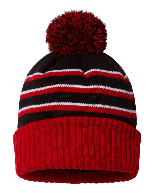 Richardson 134 - Striped Knit Beanie with Cuff & Pom - 134