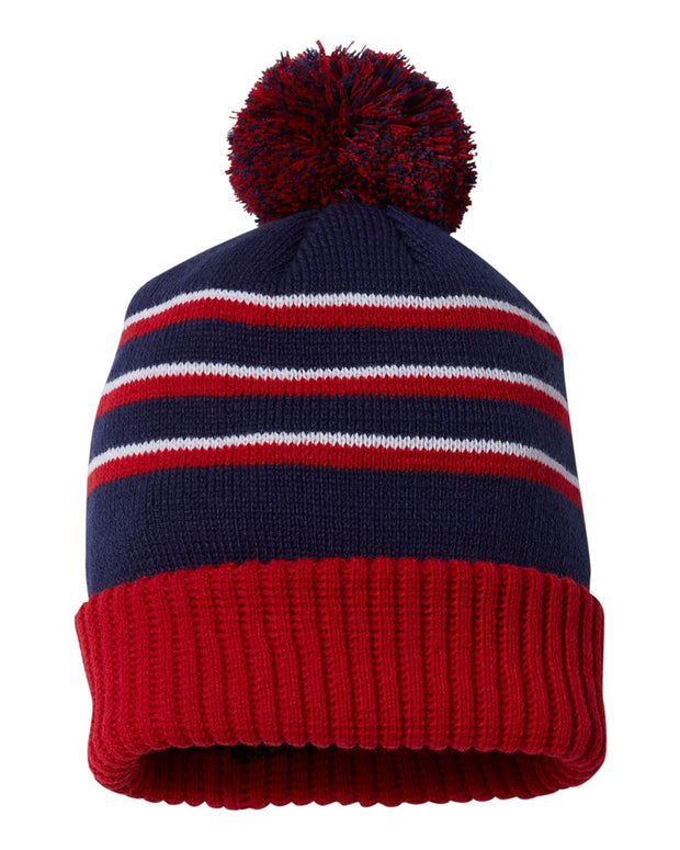 Richardson 134 - Striped Knit Beanie with Cuff & Pom - 134