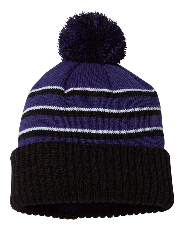 Richardson 134 - Striped Knit Beanie with Cuff & Pom - 134