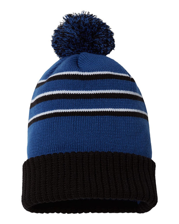 Richardson 134 - Striped Knit Beanie with Cuff & Pom - 134