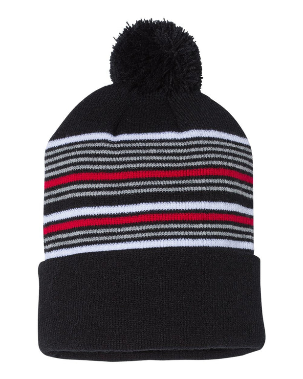 Sportsman SP60 - 12" Striped Pom-Pom Knit Beanie - SP60